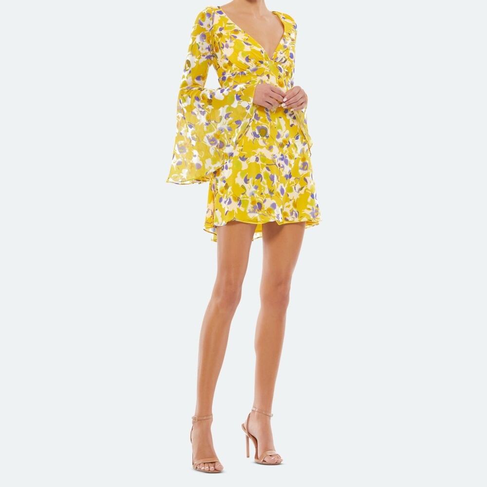 Ieena for Mac Duggal 70207 Bell Sleeve Floral Print Dress Yellow Women’s Sz 2
